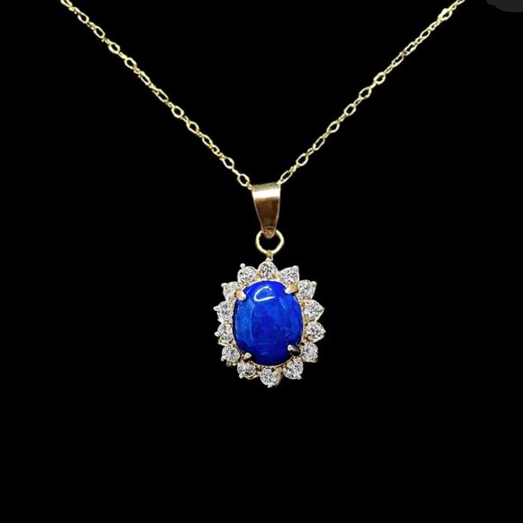 Vintage Blue Lapis Lazuli and Swarovski Crystal Pendant Necklace 18K Gold Elec - Picture 1 of 5